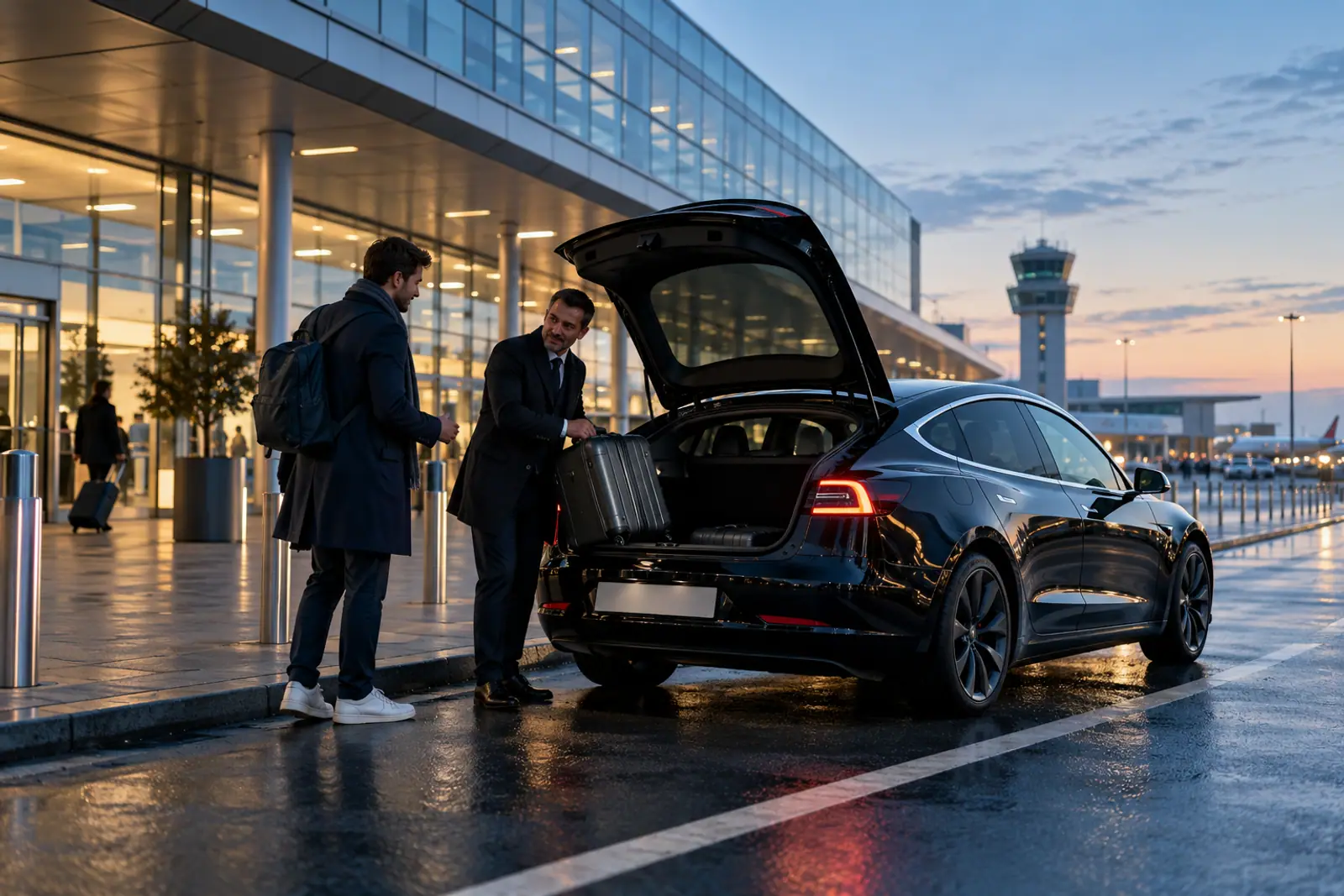 Chauffeur VTC déposant des voyageurs à l'aéroport de Lille-Lesquin