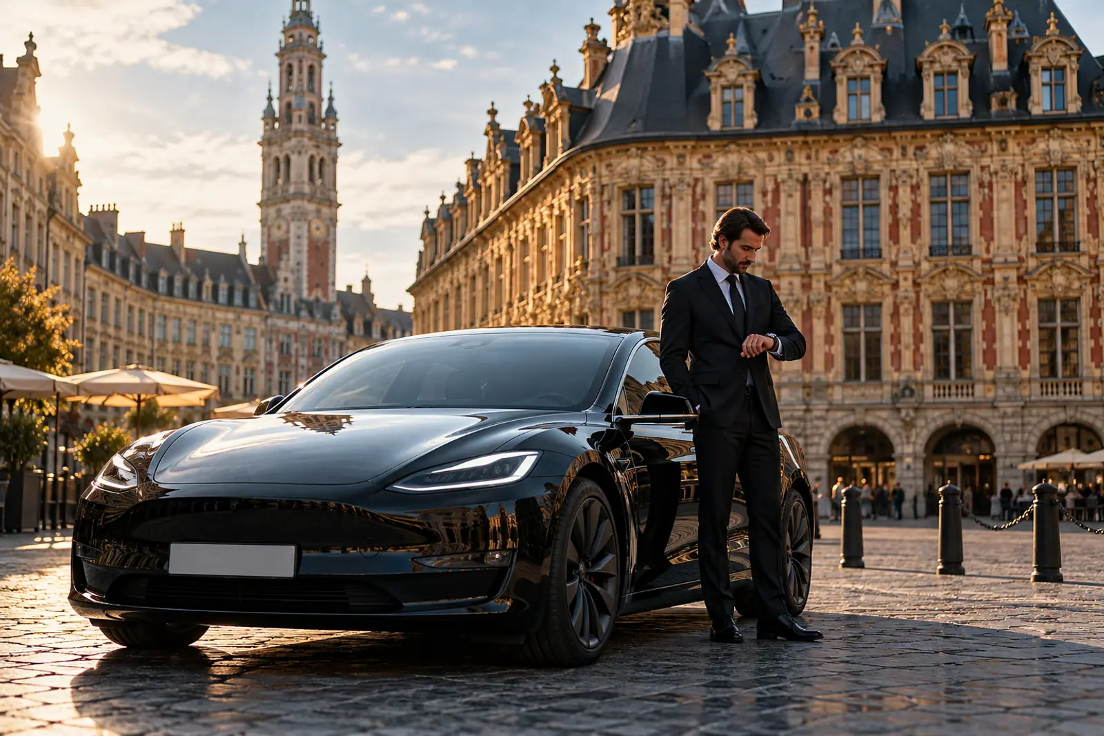 Chauffeur privé en mise à disposition attendant son client à Lille