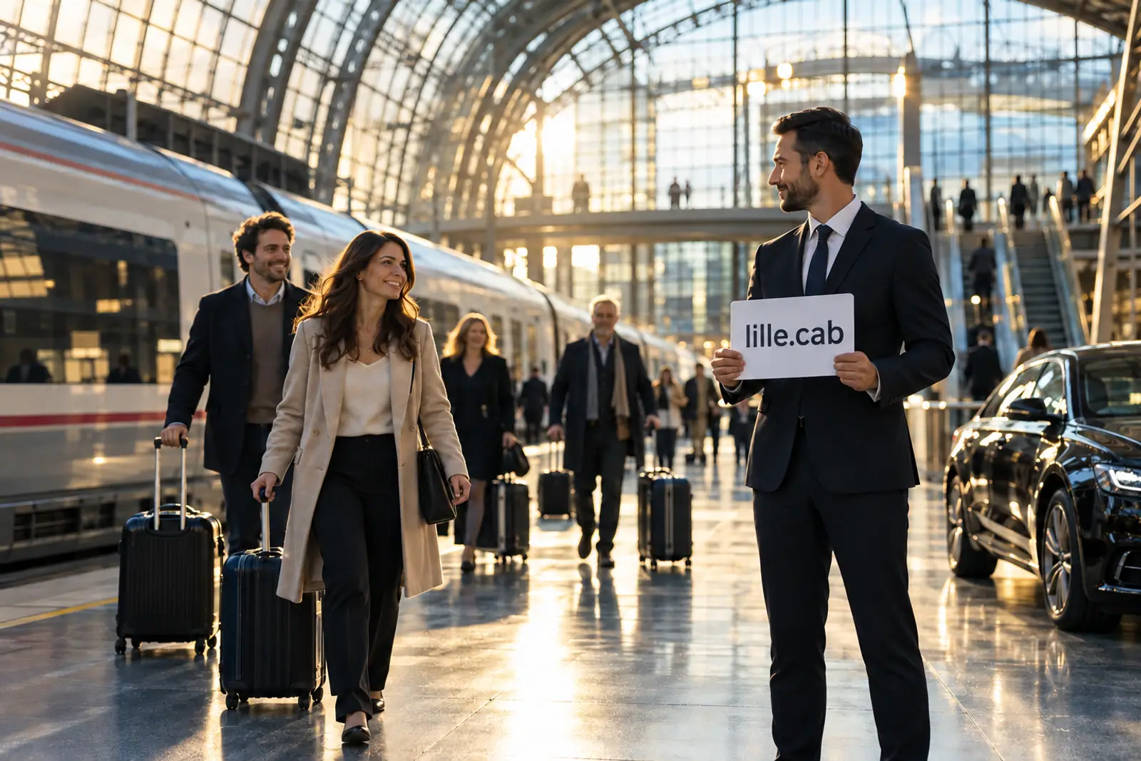 Chauffeur avec une pancarte Lille.cab accueillant des voyageurs en gare de Lille Europe