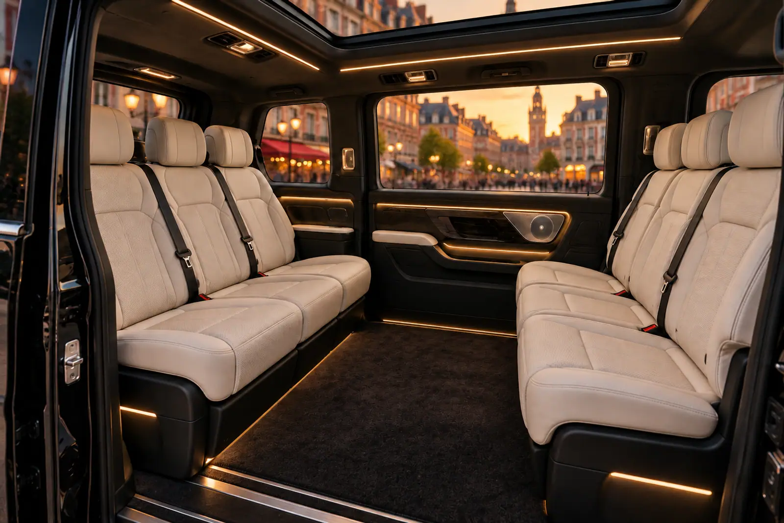 Salon cuir d'un Mercedes Classe V VTC à Lille, banquettes de trois places face à face