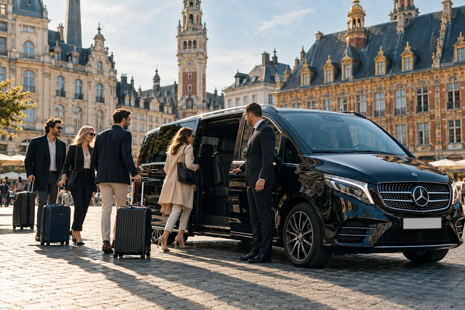 Voyageurs et leurs valises montant dans un van Mercedes Classe V avec chauffeur, Grand-Place de Lille