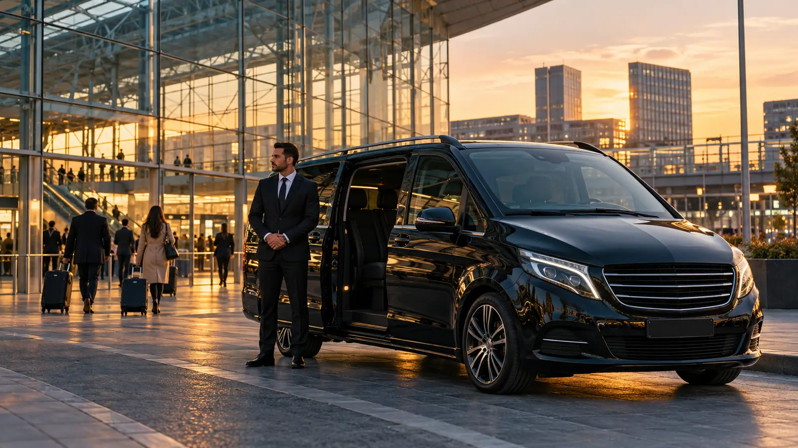 Chauffeur VTC Lille.cab devant un Mercedes Classe V à la gare Lille Europe